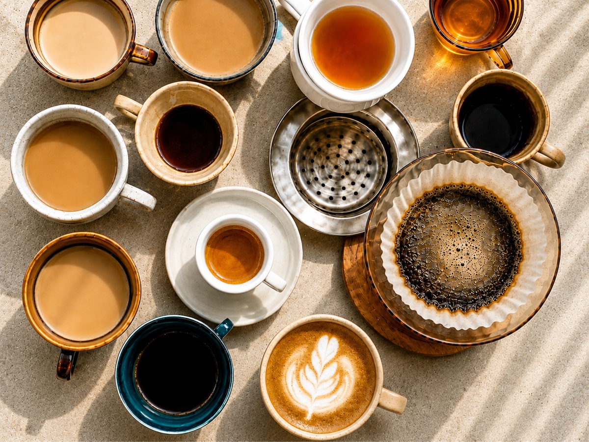 A top-down spread of Gahwa coffees served in glass cups and mugs